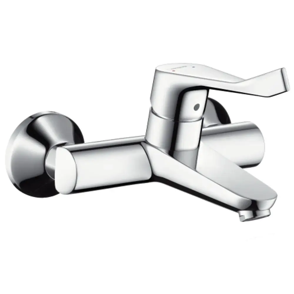 Einzelner Hansgrohe-Waschtischmischer in Chrom mit einem langen Comfortgriff, montiert an einer Wand. Der Auslauf ist direkt und hat eine schlichte Form.